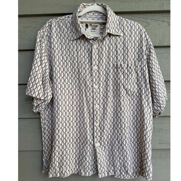 Vintage Silk Men’s Retro Button-Down Shirt Medium – Brown/White Geometric - Picture 1 of 7